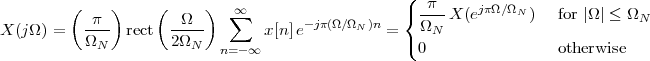                                                    (
         (    )     (     )  ∑∞                    { -π--X(ejπΩ∕ΩN )  for |Ω| ≤ ΩN
X (jΩ ) =  -π-- rect  -Ω---      x [n]e- jπ(Ω∕ΩN)n =   ΩN
           ΩN         2ΩN   n=-∞                   ( 0                otherwise
 