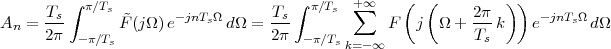          ∫ π∕T                       ∫ π∕T   +∞    (  (         ))
A   = Ts-     sF˜(jΩ)e- jnTsΩ dΩ = Ts-     s ∑    F  j  Ω + 2-πk    e-jnTsΩdΩ
  n   2π  -π∕Ts                   2π  - π∕Ts                 Ts
                                           k= -∞
 