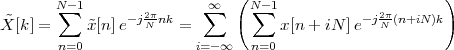                               (                         )
 ˜     N∑ -1     -j2πnk    ∞∑    N∑-1          - j2π(n+iN)k
X [k] =    ˜x[n]e  N    =           x [n + iN ]e   N
       n=0               i= -∞   n=0
