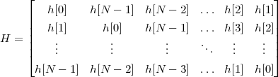     ⌊                                          ⌋
     |  h[0]    h[N - 1]  h[N  - 2] ...  h[2 ] h[1]|
     |  h[1]      h[0]    h[N  - 1] ...  h[3 ] h[2]|
H =  ||    .        .         .     .     .    . ||
     |⌈    ..        ..         ..      ..   ..    .. |⌉
      h[N - 1]  h[N - 2]  h[N  - 3] ...  h[1 ] h[0]
